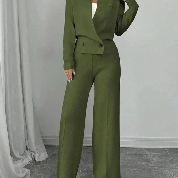Green Elegant Women's Loose Long Sleeve Crew Neck  Knit Sweater & Suit Pants Set - Picture 8 of 8